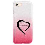 Coque Iphone 7 et 8 et SE 2020 paillettes rose tie coeur noir love personnalisee