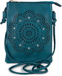 styleBREAKER Mini sac à bandoulière pour femme avec motif découpé au laser et strass, Pochette pour téléphone portable, sac à main 02012367, couleur:Pétrole