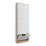 CASABEL Meuble de Rangement a Chaussure 15 Paires Extra Fin - Armoire Etagere Grande Capacité pour Entree, Couloir - L60xP17xH180 cm - Portes Blanches Cadre Bois Clair