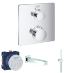 GROHE Bath Concealed Installation Set with Spout, Hand Shower Set and Cube Thermostatic Mixer, Chrome