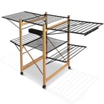 VOUNOT Large Clothes Airer, Foldable Clothes Drying Rack, 2-Level Clothes Horse with Wings & Casters, Free-Standing Garment Laundry Drying Rack for Indoor Outdoor, Black & Wood Look