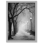 Snow Covered Street in the Misty Glow of Light Posts Atmospheric Black and White Photograph Winter Scene Artwork Framed Wall Art Print A4