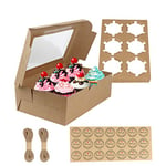 GUIFIER 20 Pièces Boîte à Cupcakes 6, Boîte à Muffins en Papier, Boite à Gâteau Transportable avec Fenêtre et Inserts, Boîte Boulangerie, Boîte à Biscuits en Carton, Caissette Cupcakes (Marron)