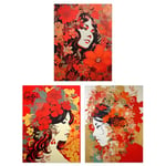 Artery8 Set of 3 Women Faces with Red Flowers Floral Artworks Boho Portraits Unframed Wall Art Living Room Poster Prints Pack