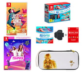 Nintendo Switch Neon Red & Blue, Sports, Let's Sing 2025, 2 Microphones, Just Dance 2025, Princess Zelda Case & Nintendo Switch Online 12 Month Membership Bundle, Red,Blue