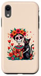 Coque pour iPhone XR Squelette étreignant les fleurs de chat noir Día los de Muertos Femmes