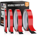 Euqvunn Double Sided Tape 3,0 m × 4 Rolls, Heavy Duty Adhesive Foam Tape, Sticky Mounting Tape for Carpets, Wall Hooks, Decor, LED Strip Lights (0.6/1/1.5/2 cm × 0.8 mm)