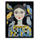 Artery8 The Bird Lady Surreal Oil Painting Blue Yellow Grey Dryad Portrait Artwork Framed Wall Art Print 18X24 Inch