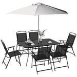 Outsunny Ensemble Salon de Jardin 8 pièces avec Grand Parasol, Table dim.140L x 90l x 70H cm et chaises Pliantes pour 6 Personnes - métal époxy textilène Polyester Noir