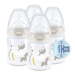 NUK First Choice+ Baby Bottles Set | 0-6 Months | Temperature Control | Anti Colic Vent | 150 ml | BPA-Free | Silicone Teat | Safari (Beige) | 4 Count