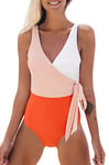 CUPSHE Femme Maillot de Bain Col V Style Cache-cœur Color Block Élégant Maillot de Bain 1 Pièce Orange/Blanc L