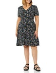 Amazon Essentials Women's Short-Sleeve V-Neck Gathered Fit and Flare Dress, Black Ditsy Floral, S