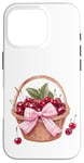 Coque pour iPhone 16 Pro Noeud coquette rose sur un panier en osier avec cerises