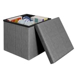 Klihome Pouf Rangement, Pouf Coffre, Tabouret Rangement, Design Pliable, Pouf de Rangement avec Couvercle, Siège Rembourré, en Lin, Gris Foncé, 38x38x38cm