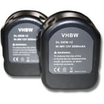 Vhbw - 2x Batteries compatible avec Dewalt DC742KA, DC742VA, DC743KA, DC743KB, DC745KA, DC745KB outil électrique (3000mAh NiMH 12 v)