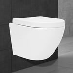 ECD Germany WC Suspendu en Céramique sans Rebord, Revêtement Nano, Court, 49 cm, WC Blanc avec Siège WC Amovible en Duroplast Softclose Abaissement