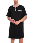 Uniexcosm Men's Nightshirt Pajama Tops Short Sleeve Nightie for Men Button Round Neck Sleep Shirt Knee Length Nightdress Nightwear Nightgown Loose Fit for Hospital Home Casual Black