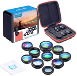 Kit d'objectifs 10 en 1 pour téléphone Objectif Grand Angle,Objectif Macro,Objectif fisheye,téléobjectif kaléidoscope 3/6 CPL/Flow/Star/Radial Filtre à Clipser pour iPhone,Samsung(Q1568)