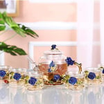 Teapot and Cup Set, Tea Sets for Adults, Heatproof Enamel Rose Flower Decoration Glass Teapot Kettle with Strainer for Blooming Tea Loose Leaf Tea 350ml, with 6 Glasses