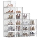 SONGMICS Boîte à Chaussures Transparent, Lot de 18, Boîte de Rangement, Pointure 46, Empilables, Robuste, pour Collections de Baskets, Talons Hauts, Transparent et Blanc LSP108W01