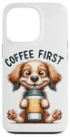 Coque pour iPhone 13 Pro Coffee First Tasse à café Motif chiot mignon