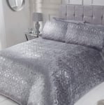 Sleepdown Paisley Floral Duvet Quilt Cover with Pillow Cases Luxury Shimmer Sparkle Velvet Bedding Set - Silver - Super King (220cm x 260cm)
