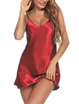 Aseniza Nuisette Femme Sexy Satin Chemise de Nuit Babydoll Hot à Bretelles Sling avec Col en V Couleur Unie Robe de Nuit Rouge1 S