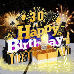 Birthday Card, 30th Musical Pop Up Birthday Cards Play Happy Birthday Song once Open the 3D Pop Up Card Blow out LED Candlelight and Say Happy Birthday greeting Gift card for Men, Women Black Gold