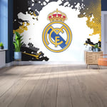 Licensed Decor Papier peint vinyle Real Madrid - Taille M (185 cm (H) x 100 cm (l) - Blason complet sur éclaboussures de couleur noir, gris et jaune