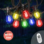 Guirlande Guinguette 30M 60 Bulbes Filament Rouge Bleu Jaune Vert avec Variateur de Luminosité et Télécommande - Guirlande Lumineuse Ampoule E27 à