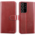 LENSUN Étui Samsung Galaxy S21 Ultra, Coque Cuir Véritable Housse [RFID Blocage] Pochette de Portefeuille Rangements Cartes pour Galaxy S21 Ultra 5G - Vin Rouge