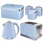 Swan Retro Blue Kettle, 2 Slice Toaster, Bread Bin Canisters Kitchen Set