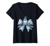 Womens Cute Snowman Coquette Bow Blue Christmas Girly Xmas Pajamas V-Neck T-Shirt