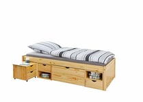 Inter Link - Lit simple - Multifonction - Lit avec rangements - Lit fonctionnel -Avec table de chevet - 3 tiroirs - 2 niches - Bois massif - Avec sommier - Nature - Claas 90 x 200 cm