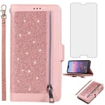 Asuwish Compatible with Huawei P20 Pro Wallet Case and Tempered Glass Screen Protector Glitter Flip Cover Zipper Card Holder Stand Cell Phone Cases for Hwauei Hawaii P 20Pro 20 P20pro Women Rose Gold
