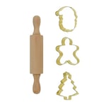 Zenker Christmas Baking Set, 4 Pieces, Biscuit Cutter Set for Baking, 1 x Wooden Rolling Pin Green, 1 x Santa Cookie Cutter, 1 x Gingerbread Man Cookie Cutter, 1 x Christmas Tree Cookie Cutter, Gold