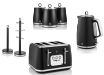 Swan Serenity Black Kettle Toaster Canisters Mug Tree & Towel Pole Kitchen Set