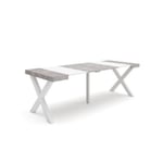 Table console extensible, 220, pour 10 personnes, 222x90x77cm, Pieds bois massif, couleur Blanc et ciment