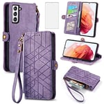 Asuwish Phone Case for Samsung Galaxy S21 FE 5G Wallet Cover with Tempered Glass Screen Protector and Flip Zipper Card Holder Cell Accessories S 21 EF S21FE5G UW S21FE 21S G5 6.4 inch Women Men Purple