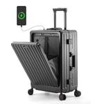 CAARANY Valise à Cadre en Aluminium de 50,8 cm avec Compartiment Avant, Bagage à Main avec Port USB, Serrure TSA, Porte-gobelet, Noir, 50,8 cm (20"), Bagage Rigide Extensible avec roulettes