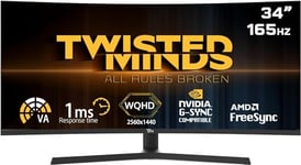 Twisted Minds Écran Gamer, Affichage Rapide 34 Pouces, Dalle IPS, résolution FHD 2560 x 1440, taux de rafraîchissement 165 Hz, Rapport d'aspect 21:9, Temps de réponse 1 ms - Noir (TM34RWA)