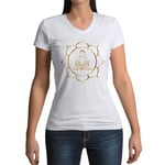 T-Shirt Femme Col V Buddha Dore Lotus Meditation Bien Etre Buddhisme Mandala