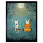 Rabbits on a Swing with Moonlit Butterflies Calming Baby Nursery Artwork Art Print Framed Poster Wall Decor 12x16 inch