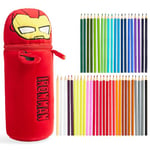 Marvel Pencil Case with 48 Colouring Pencils Included - Kids Spiderman Plush Filled Pencil Case - Gifts for Kids (Red Iron Man)