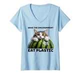 Womens Save The Environment Eat Plastic Funny Microplastics Cat V-Neck T-Shirt