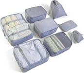 Suitcase Organiser Set, Packing Cubes Clothes Bags Shoe Bag Travel Organiser Cosmetic Bags for Suitcases (8 Pieces, Grey)