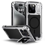 Lanhiem Coque pour iPhone 15 Pro Max, Métal et Rigide [Protection Caméra & Supports] Antichoc Militaire avec du Verre trempé Integrale Indestructible Chantier Etui [Compatible Charge sans Fil] Argent