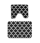 Hotyle Moroccan Quatrefoil Black and White Lattice Trellis Bath Mat Bathroom Carpet Rug Washable Non-Slip 2 Piece Bathroom Mat Set