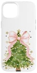 Coque pour iPhone 15 Plus Coquette rose avec nœud en ruban et sapin de Noël vert pour fille