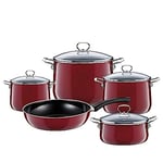 Riess, 0558-008 Lot de 5 casseroles en émail NoUVELLE, Rosso Extra Fort, composé de : casserole avec couvercle en verre 16, 20, 24 cm, casserole avec couvercle en verre 20 cm, poêle en émail 28 cm